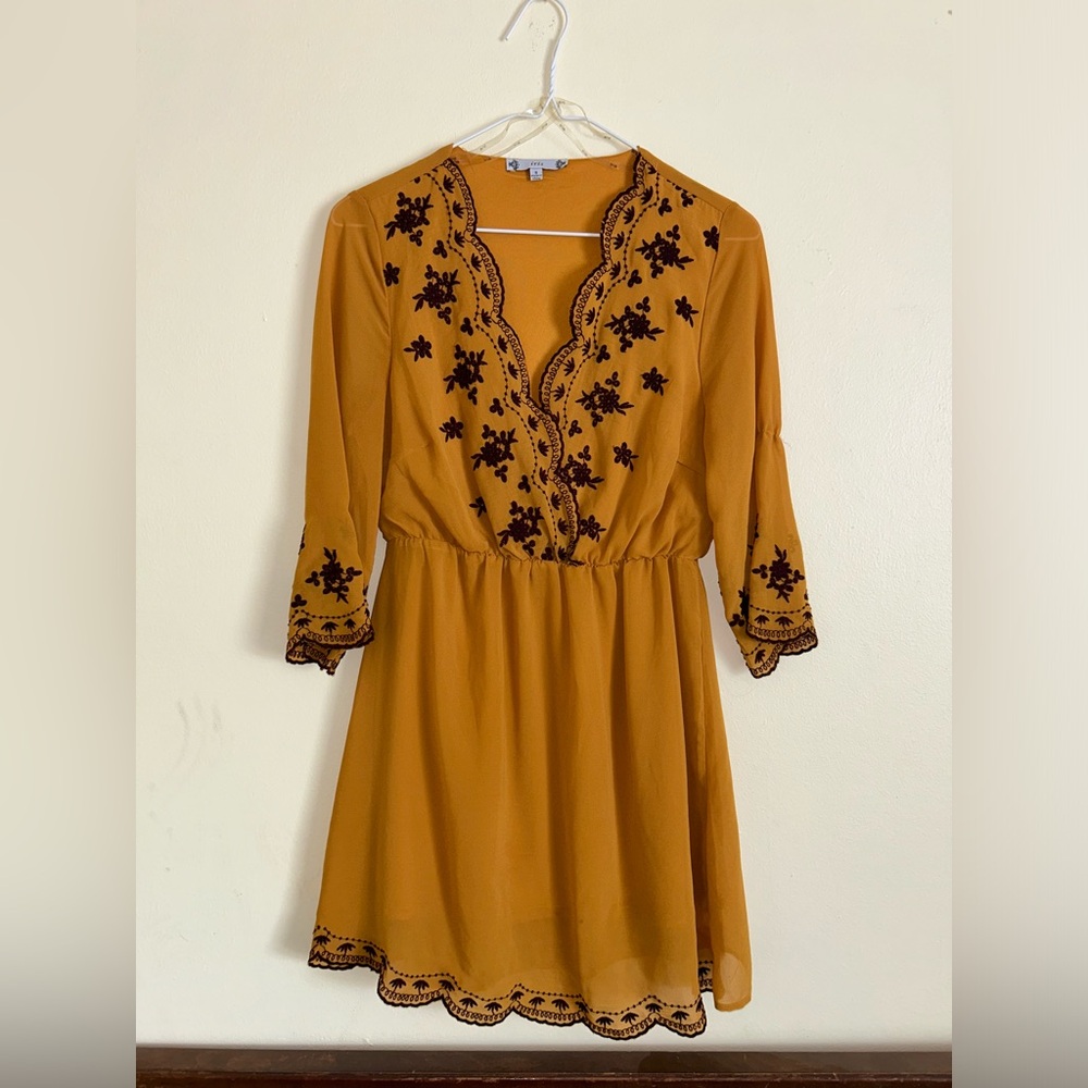 Yellow and Brown Vneck Mini Dress